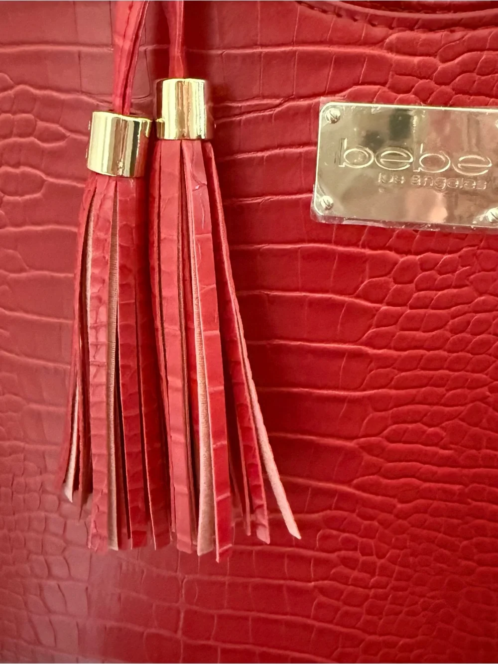 NWT BEBE Red Croc Embossed Handbag Braided Top Handles/Tassels/Crossbody Strap